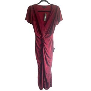 Lulus Dash of Charm Burgundy Short Sleeve Twisted Front Midi Dress Size Medium